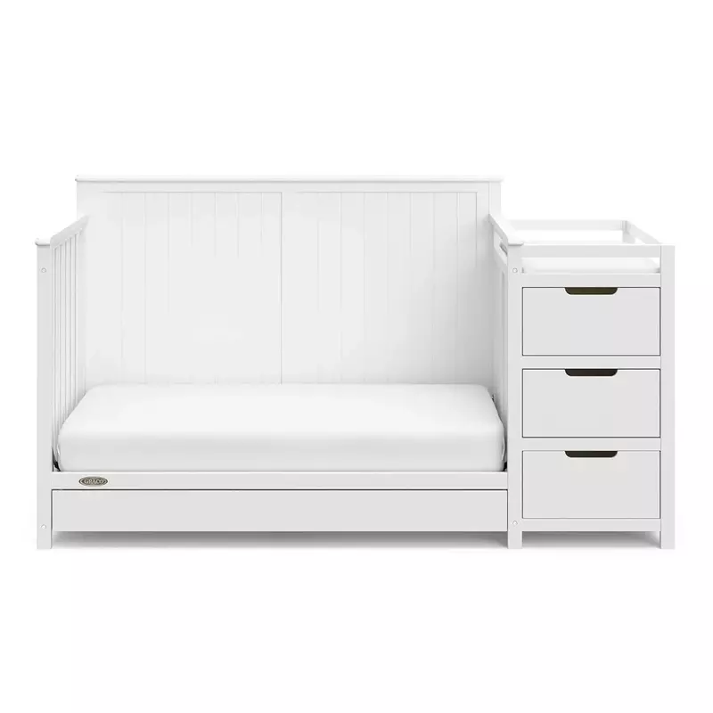 سرير قابل للتحويل ومبدل بدرج ، أبيض ، معتمد من الذهب ، طاولة تغيير كومبو ، 5 في 1