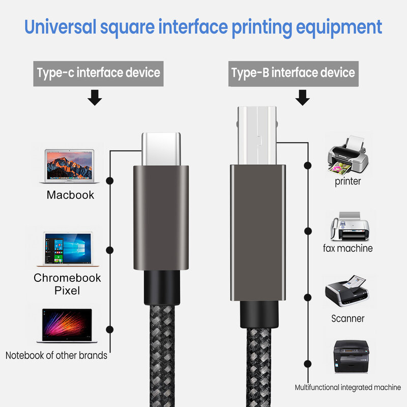 كابل طابعة USB C USB A to USB B 2.0 مضفر سلك الماسح الضوئي للكاميرا طابعة Epson HP Canon طابعة USB 1/1.5/2/3 متر