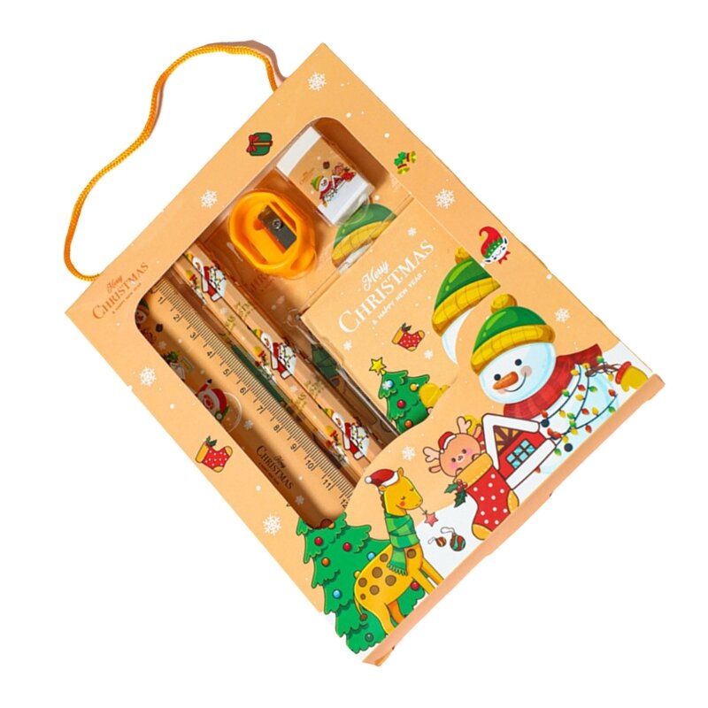 مجموعة هدايا قرطاسية عيد الميلاد مكونة من 6 قطع، حشوات لأكياس هدايا عيد الميلاد، تتضمن قلمين لعيد الميلاد، ممحاة، مسطرة، مبراة