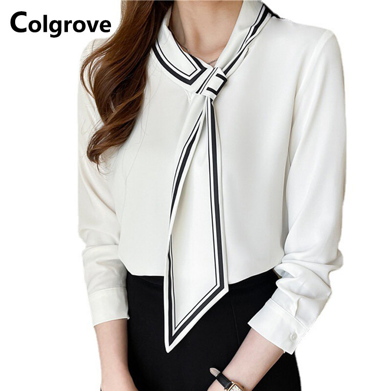 Colgrove تصميم جديد المرأة الشيفون الخامس الرقبة مخطط التعادل قمصان طويلة الأكمام بلوزة OL فستان قمصان النساء الملابس
