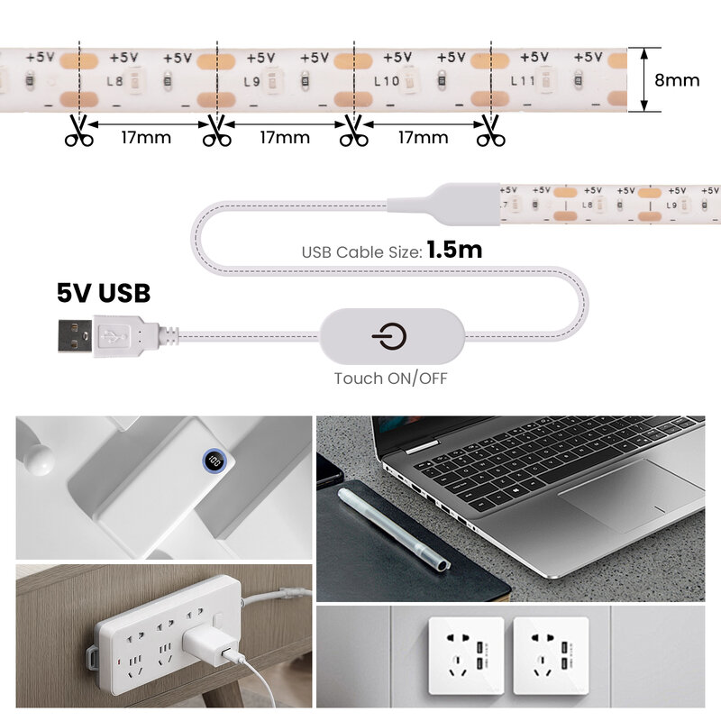 أضواء شريط LED USB مقاومة للماء ، شريط مرن عاكس ، خزانة مطبخ خفيفة ، أبيض أزرق دافئ ، SMD ، 60 مصباح لكل متر ، 5 فولت