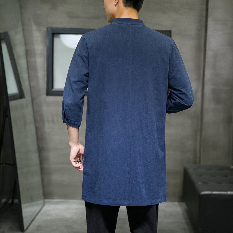 قمصان كلاسيكية للرجال قميص رجالي قطني مقاس كبير غير رسمي معطف على الطراز الصيني ملابس طويلة للرجال عتيقة فضفاضة بياقة ثابتة ملابس خروج