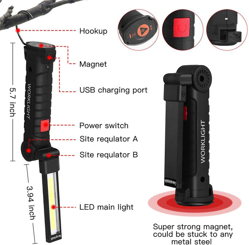 المحمولة COB LED مصباح يدوي ، USB قابلة للشحن ، ضوء العمل ، فانوس المغناطيسي ، مصباح معلق مع المدمج في البطارية ، التخييم الشعلة ، جديد