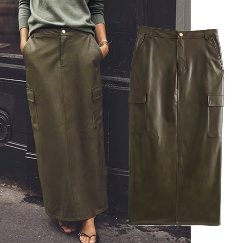 ديف آند دي-تنورة ميدي عالية الخصر للنساء ، تنورة مكتب فرنسية أنيقة ، موضة مستقيمة ، أخضر الجيش ، Vintage
