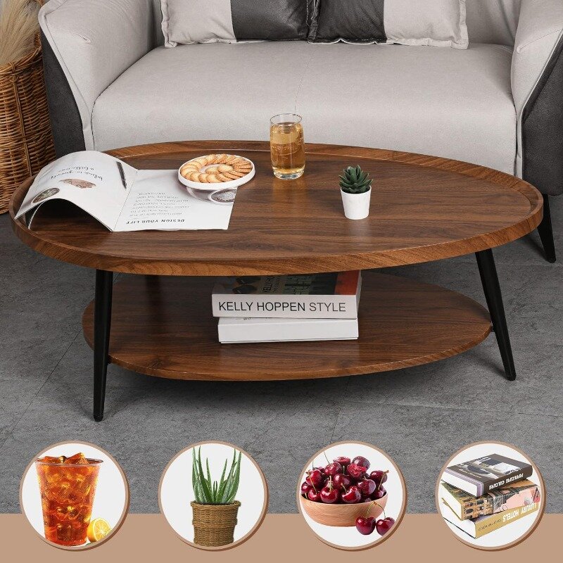 Zedesey-طاولة قهوة خشبية على شكل ماء ، طاولة مركزية مزرعة ، طاولة قهوة بيضاوية في منتصف القرن ، ريفي ، 2-Tier