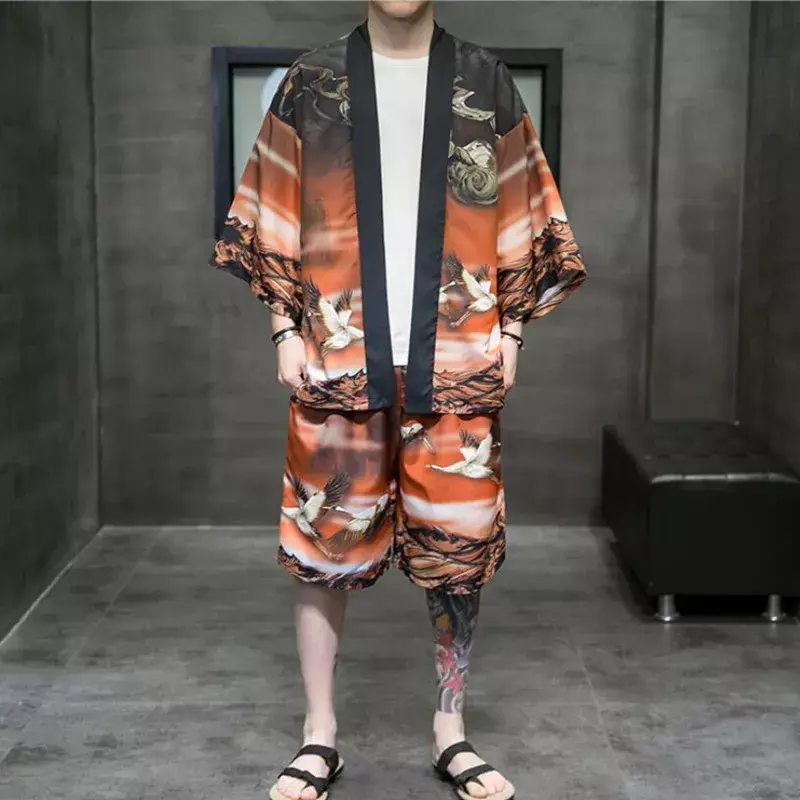 كيمونو سترة تناسب الرجال الصيف اليابانية مجموعة تي شيرتات قصيرة للأطفال Yukata الرجال Haori Obi اليابانية موجة طباعة معطف الملابس اليابانية التقليدية