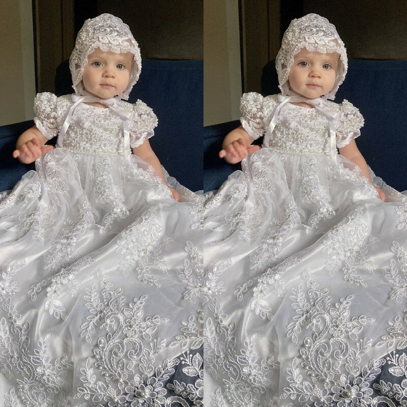 فستان تعميد دانتيل بأكمام قصيرة للفتيات الصغيرات ، أول فستان بالتواصل للرضع ، طفل صغير ، فساتين تعميد بغطاء رأس