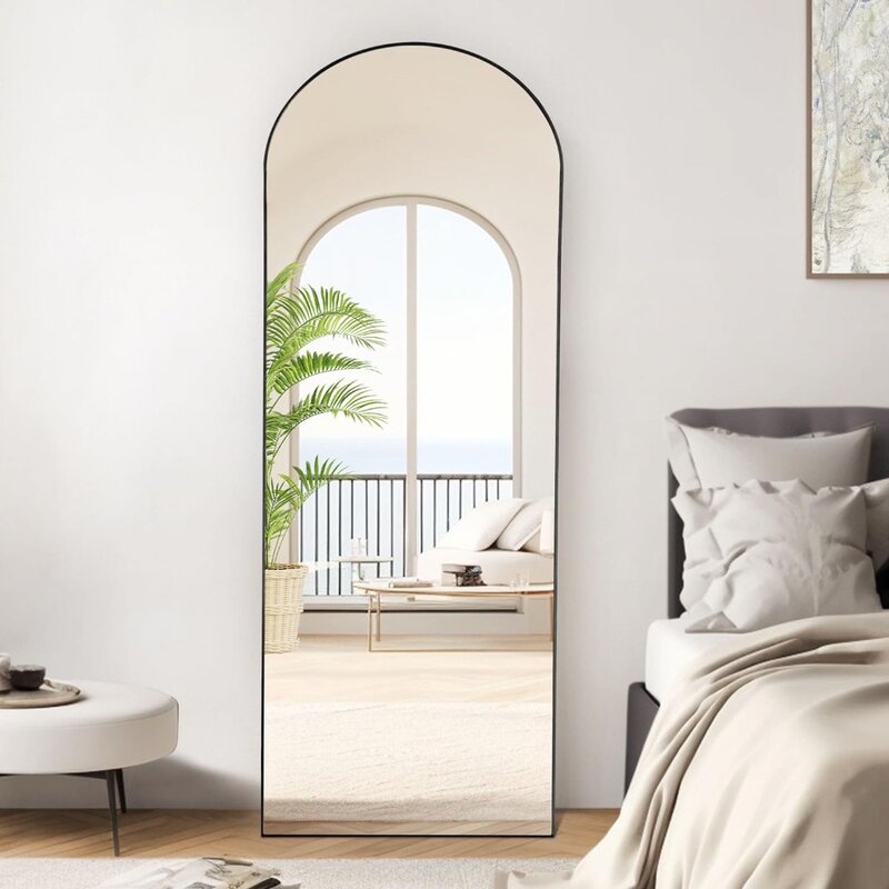 مرآة كاملة الطول مقوسة من OLIXIS لغرفة النوم ، مرآة لكامل الجسم مع حامل ، تعليق أو إضاءة للجدار ، سبائك الألومنيوم ، 64 بوصة × 21 بوصة
