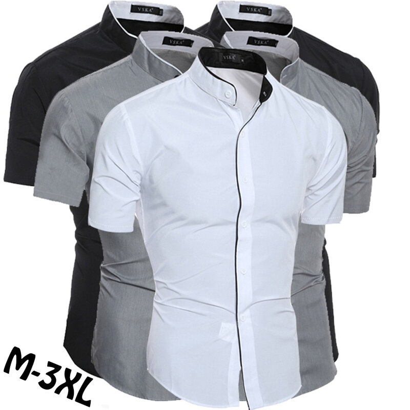 الرجال قمصان صيفية زر أسفل قصيرة الأكمام الأعمال قمصان عادية موضة الوقوف طوق سليم صالح القطن قميص تي شيرت أبيض