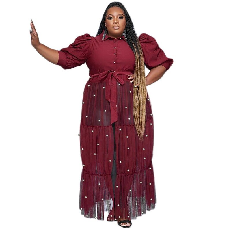 فستان المرأة الأفريقية الخامس الرقبة قصيرة الأكمام قميص ، فساتين حجم كبير ، شبكة اللؤلؤ ، خليط ، طويلة ، عادية ، الخريف ، XL-5XL