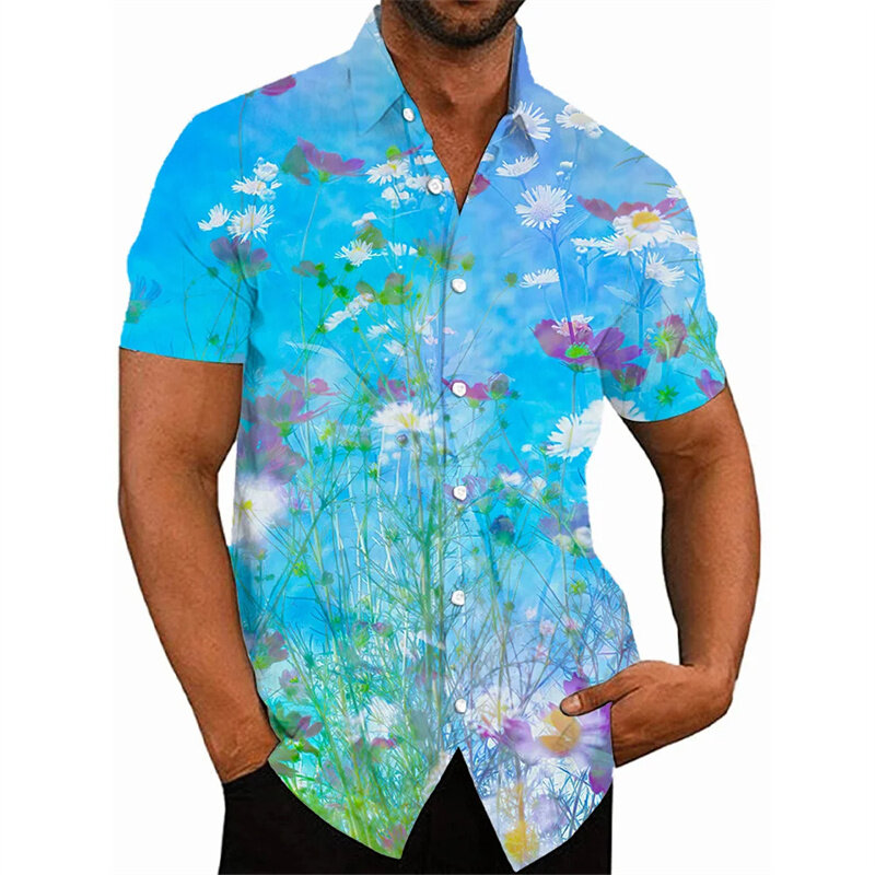 قمصان رجالية بطباعة زهور ثلاثية الأبعاد من هاراجاو ، زهور ملونة ، قمصان قصيرة برسومات ، أزياء الشارع الشهير ، بلوزات ملابس ، صيف ، جديد