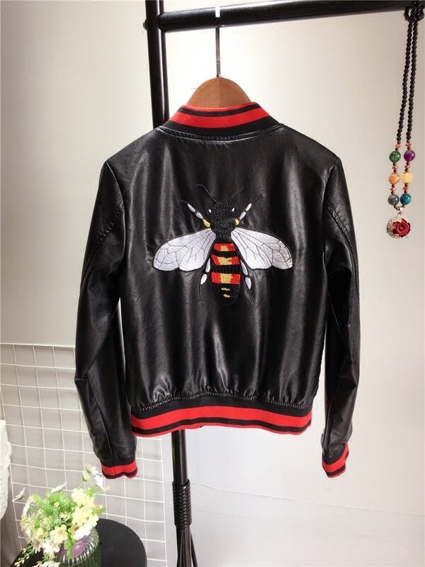Women's PU Leather Jackets Embroidered Bee Baseball Suit Autumn Winter Motorcycle Leather Coats Handsome Short Coat Korean Top