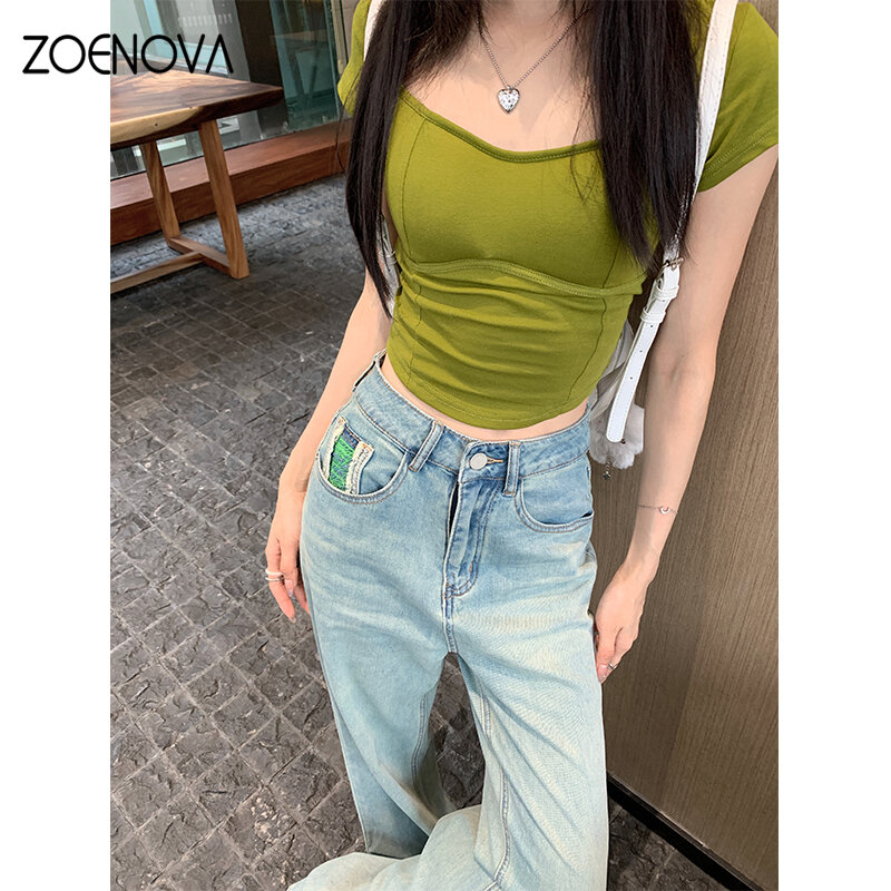 ZOENOVA-بنطلون جينز فضفاض صغير للنساء ، بنطلون بساق واسعة مستقيمة ، دينم Y2K غير رسمي ، موضة السيدات ، هاراجاكا ، الربيع ، الخريف ،!
