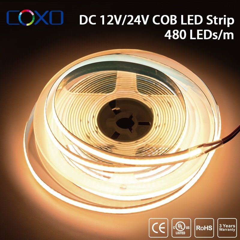 UL المدرجة COB LED قطاع الخفيفة ، عالية الكثافة ، شريط مرن الشريط ، 3000-6500K ، تيار مستمر 12 فولت 24 فولت ، 320 ، 480 المصابيح/م ، 16.4ft ، RA90