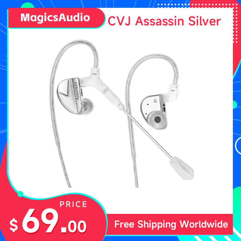 سماعات CVJ-Assassin الفضية في الأذن ، وضع لعبة اهتزاز 1BA + 1DD + 1 ، ميكروفون HIFI ، مفتاح ضبط هجين ، سماعات أذن سلكية ، سماعة IEM