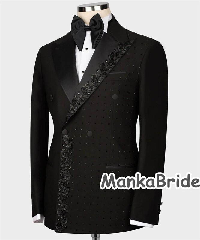 بدلة سهرة رجالية فاخرة من العريس مرصعة بالكريستال ، سروال بلازر مزدوج الصدر ، بدلة رسمية للحفلات ، أزرق ، أسود