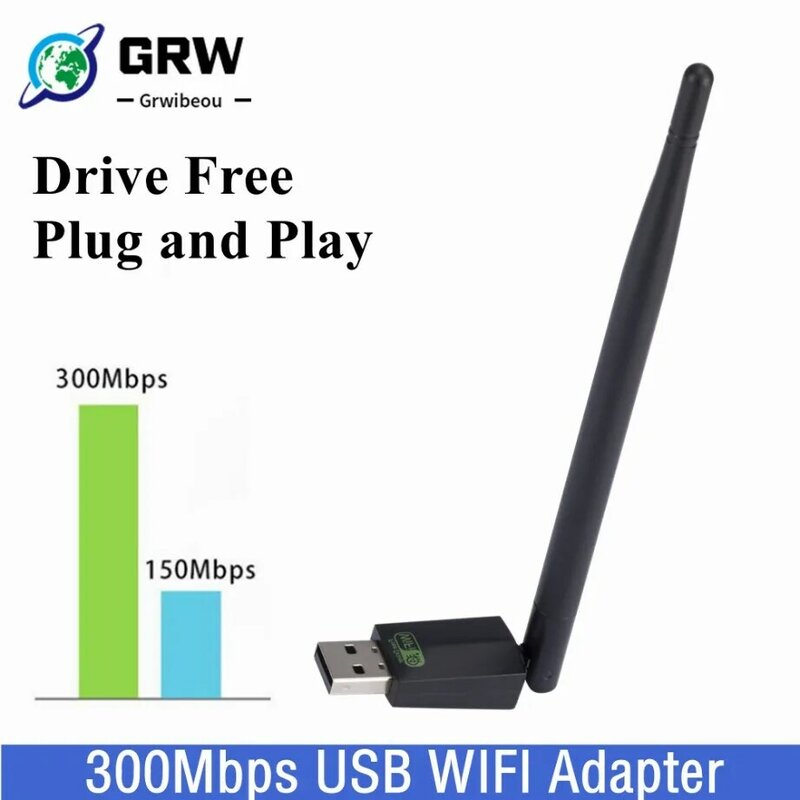 Grwibeou-محول واي فاي لاسلكي ، 300 ميجابت في الثانية ، بطاقة شبكة ، تشغيل وتشغيل ، USB صغير ، LAN ، جهاز استقبال للكمبيوتر ، ويندوز