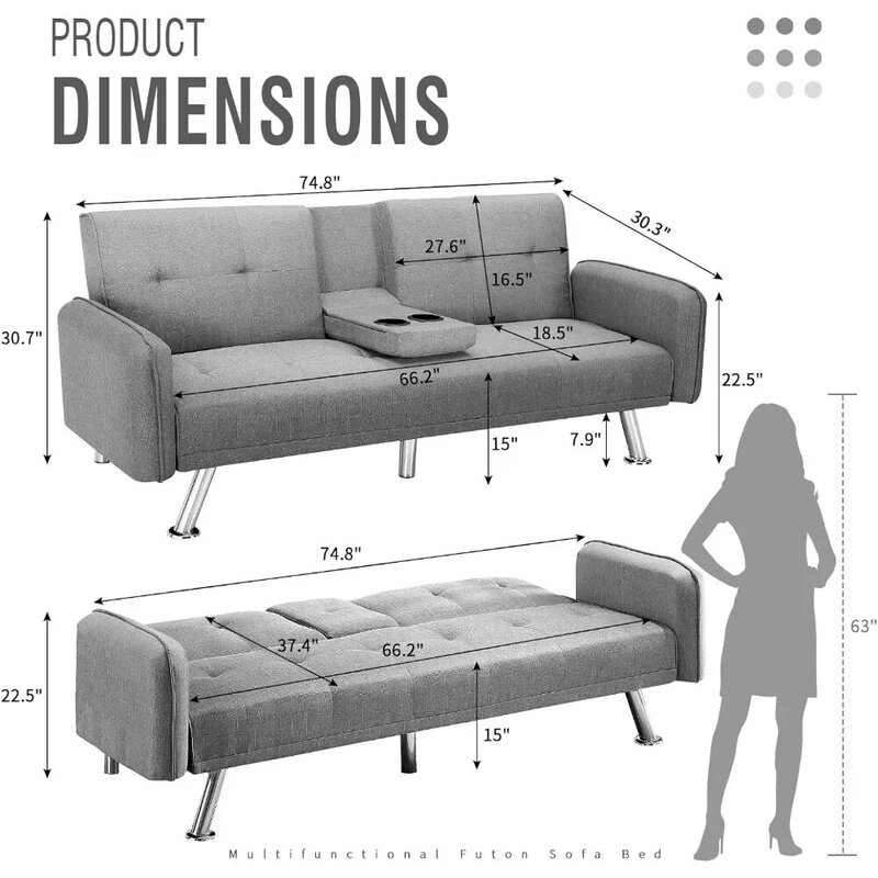 سرير أريكة Futon قابل للتحويل ، أريكة مع حوامل أكواب 2 ، مسند ذراع للاستوديو ، شقة ، مكتب ، غرفة معيشة ، رمادي خفيف