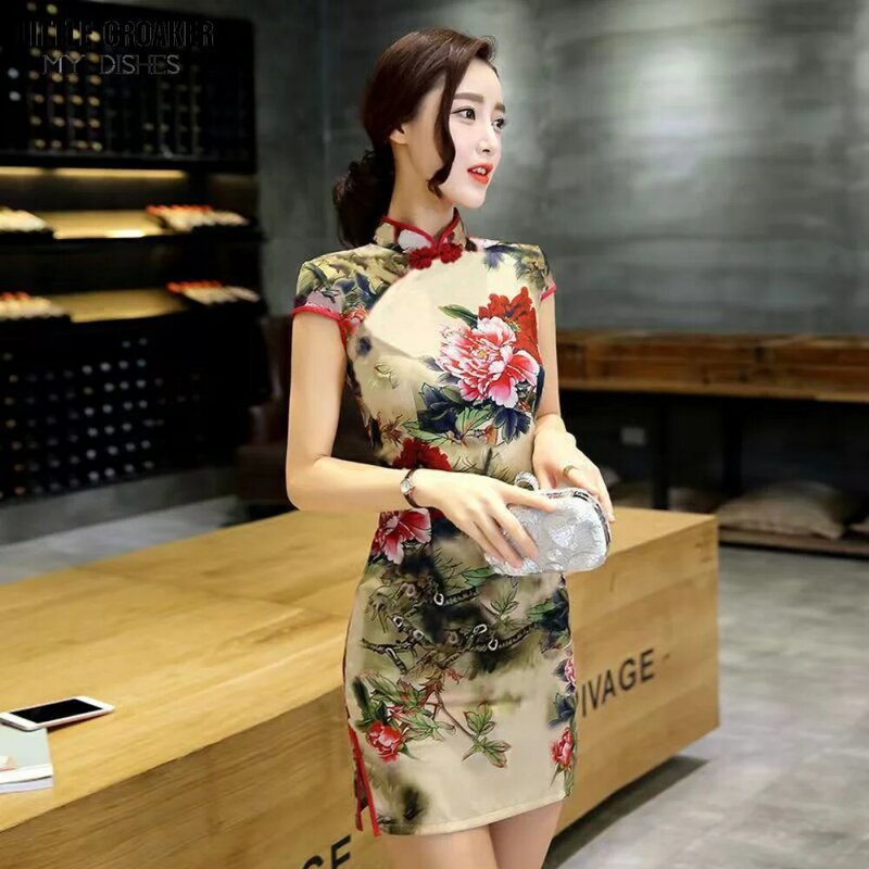 تشيباو تحسين شيونغسام النساء 2023 جديد الملابس الآسيوية التقليدية الصيف اليومية الرجعية الصينية قصيرة شيونغسام فستان أنيق المرأة