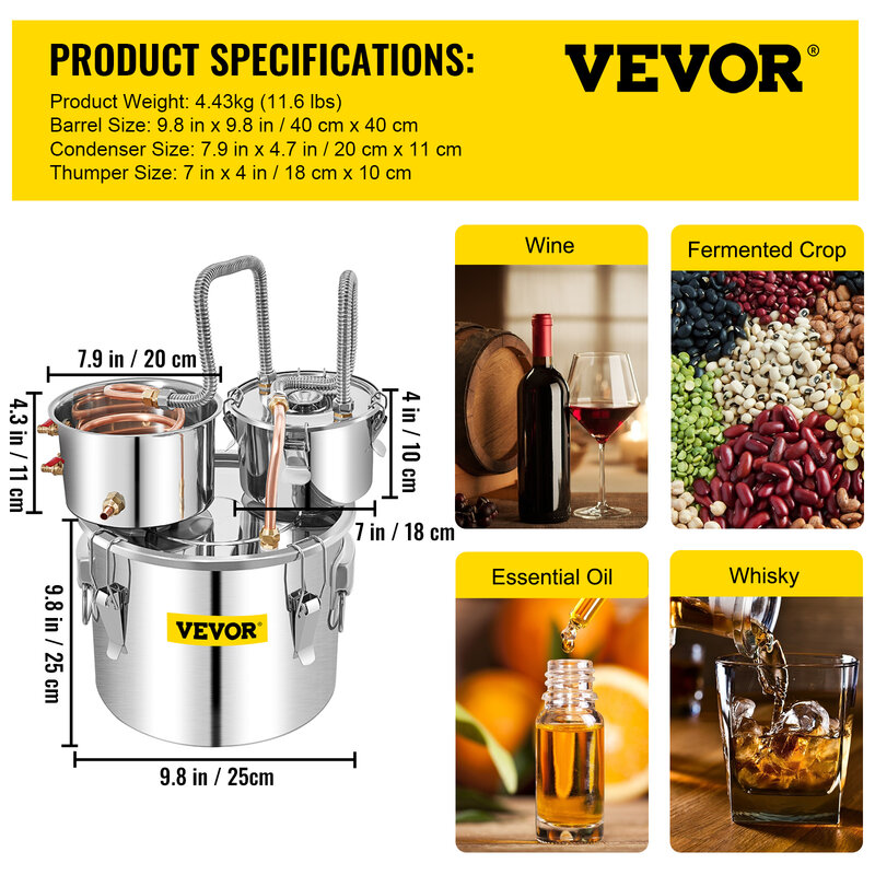 جهاز تقطير الكحول من VEVOR طراز 12L 20L 30L 50L جهاز تقطير الكحول من الفولاذ المقاوم للصدأ جهاز تقطير البيرة من نوع براندي