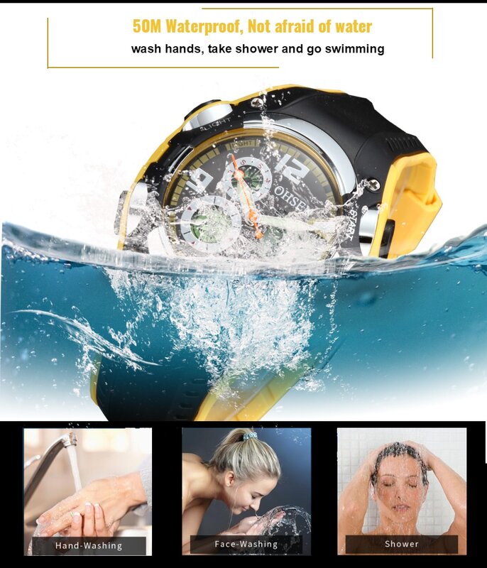 الأصلي OHSEN الرقمية الكوارتز الأطفال بنين الرياضة الساعات 30 متر مقاوم للماء شريط مطاطي أسود موضة LED السباحة ساعة اليد هدية