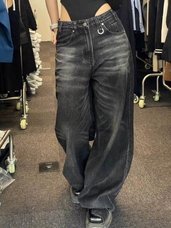 بنطال جينز نسائي واسع الساق أسود اللون من HOUZHOU مقاس كبير موضة كورية كبيرة بنطلون جينز فضفاض من قماش الجرونج Y2k حريمي هيب هوب