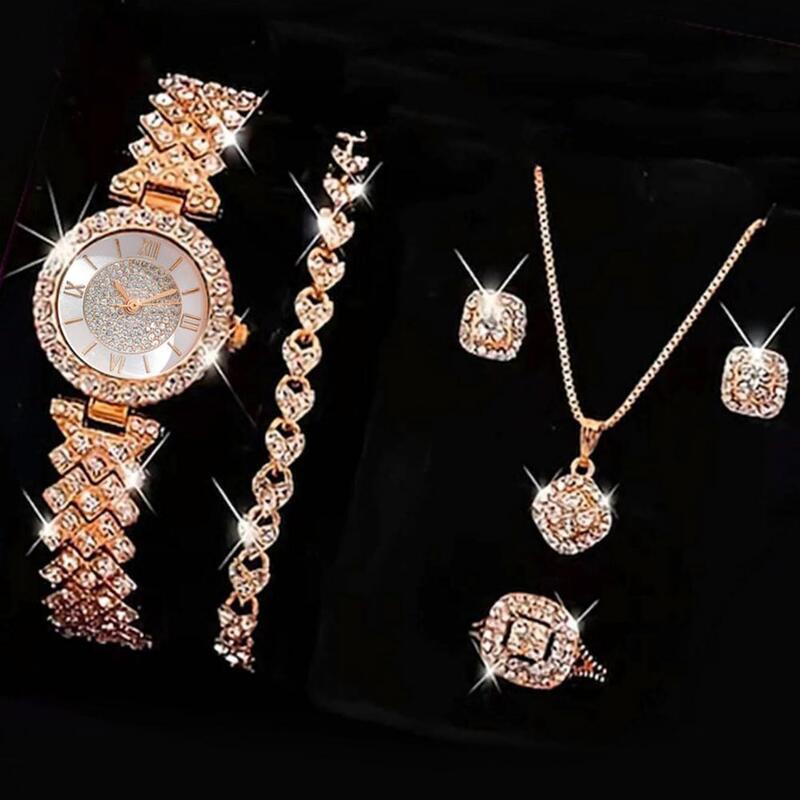 مجموعة مجوهرات ساعة كوارتز رائعة للنساء ، مجموعة قلادة سوار أقراط خاتم ، ديكور حجر الراين عالي الدقة
