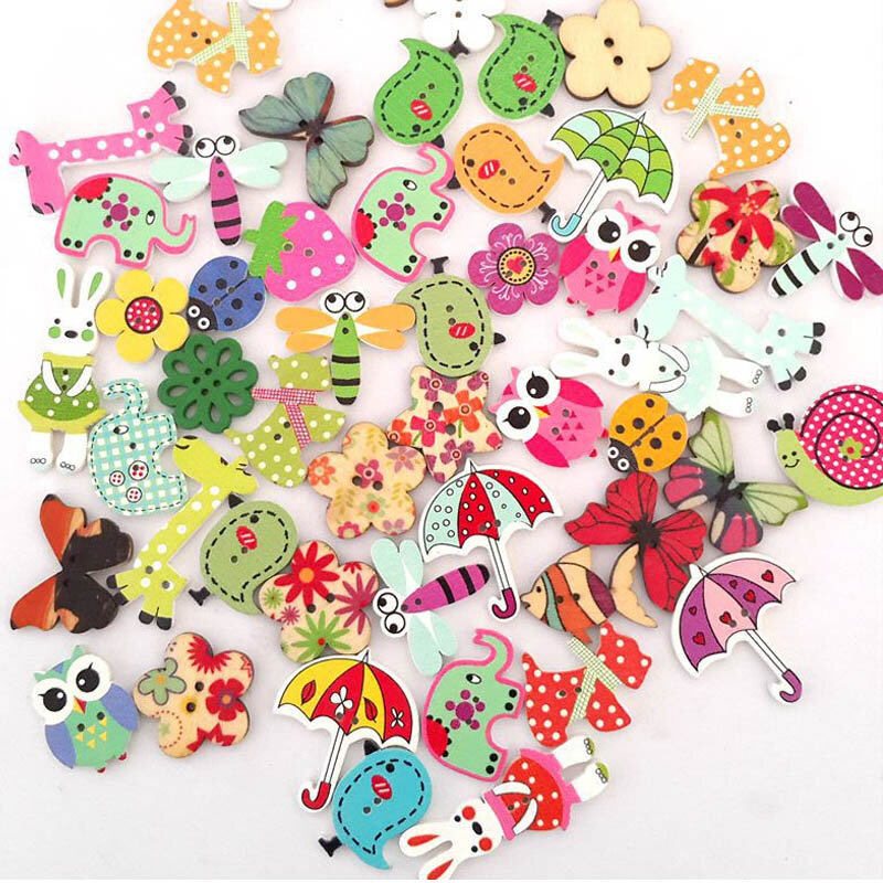 50PCS Animal Shaped Wooden Sewing Buttons Scrapbooking DIY Colorful Wood 2 Holes Button for Crafts Scrapbooking Accessories