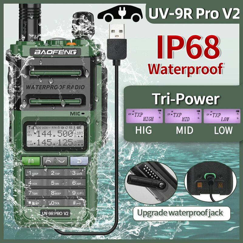 جهاز اتصال لاسلكي مقاوم للماء Baofeng UV 9R Pro ، راديو ثنائي النطاق Ham CB ، راديو ثنائي الاتجاه ، شاحن ثلاثي الطاقة من النوع C ، V2 ، IP68