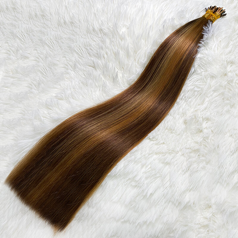 وصلات شعر مستقيمة على شكل I-Tip ، طبيعية ، انصهار بشري حقيقي ، كبسولة كيراتين ، لون أشقر بني ، 18-30 بوصة ، 50