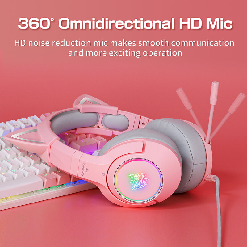 سماعة أذن من ONIKUMA موديل K9 باللون الوردي مع إضاءة LED RGB سماعة أذن مرنة بميكروفون للألعاب سماعات أذن محيطة بالكمبيوتر 7.1 لألعاب الكمبيوتر
