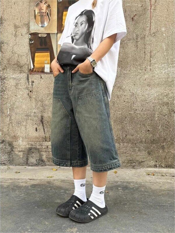 هوتشو-شورت جينز فضفاض كلاسيكي للنساء ، بنطال جينز كبير الحجم ، ملابس الشارع على الطراز الياباني ، الأزياء الكورية ، هاراجاكي ، الصيف ، Y2k