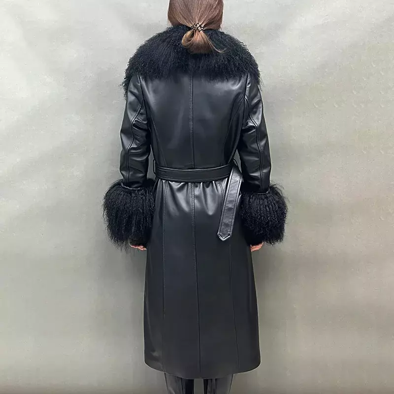 المرأة جلد طبيعي خندق معطف ، المنغولية الأغنام الفراء ، حزام طويل ، سيدة الملابس ، الموضة الفاخرة ، FG6406