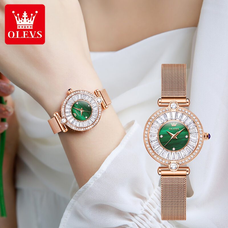 OLEVS-ساعة من الفولاذ المقاوم للصدأ للنساء ، ساعات السيدات ، العلامة التجارية الأعلى ، الموضة الفاخرة ، فسيفساء الماس ، ساعة الكوارتز ، ساعة اليد المقاومة للماء ،