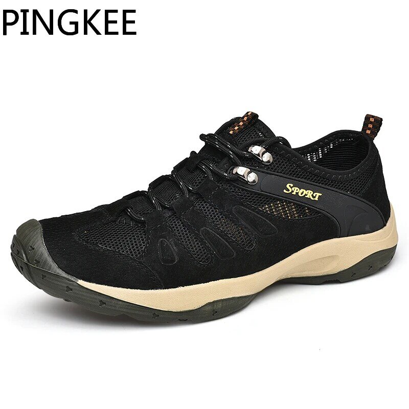 PINGKEY-أحذية جلدية مدورة بمقدمة القدم للرجال ، شبكة حبل بنجي بقفل دانتيل ، أحذية رياضية لرحلات الدرب الخوض ، أحذية المشي لمسافات طويلة