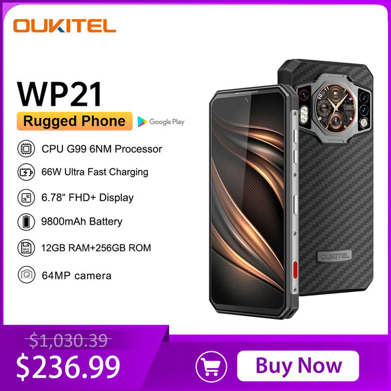 Oukitel WP21 هاتف خلوي قوي رؤية ليلية ، 9800 mAh ، هاتف محمول 12GB + 256GB ، كاميرا 64MP ، هاتف ذكي 66W ، 120 Hz Helio G99