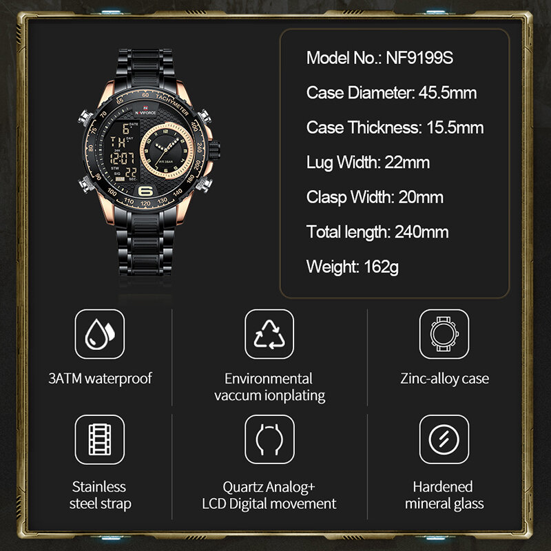 NAVIFORCE ساعة رقمية الرجال الفولاذ المقاوم للصدأ الأعمال كرونوغراف المزدوج الوقت عرض الكوارتز ساعة اليد الفاخرة مضيئة الذكور على مدار الساعة