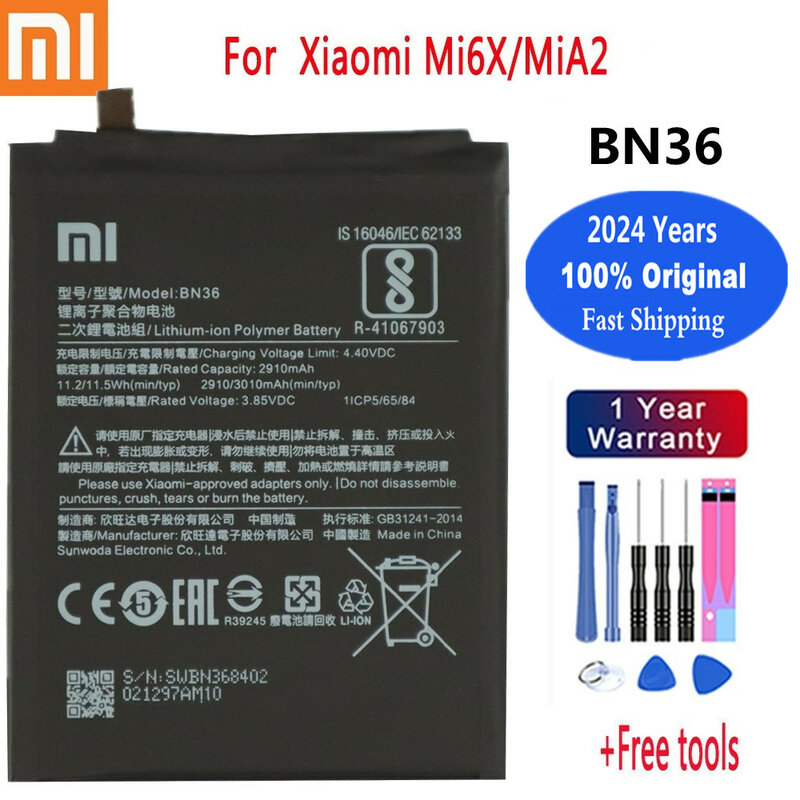 بطارية أصلية لهاتف Xiaomi Mi 6X A2 ، BN36 ، mAh ، هاتف ، شحن سريع ، بطاريات ، سنوات من العمر