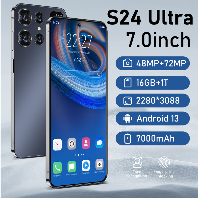 هاتف ذكي S24 Ultra 7 شاشة عالية الدقة ، 16G + 1T ، Android 13 ، 5G ، شريحة مزدوجة ، غير مقفلة للوجه ، هاتف محمول أصلي ، جديد ،