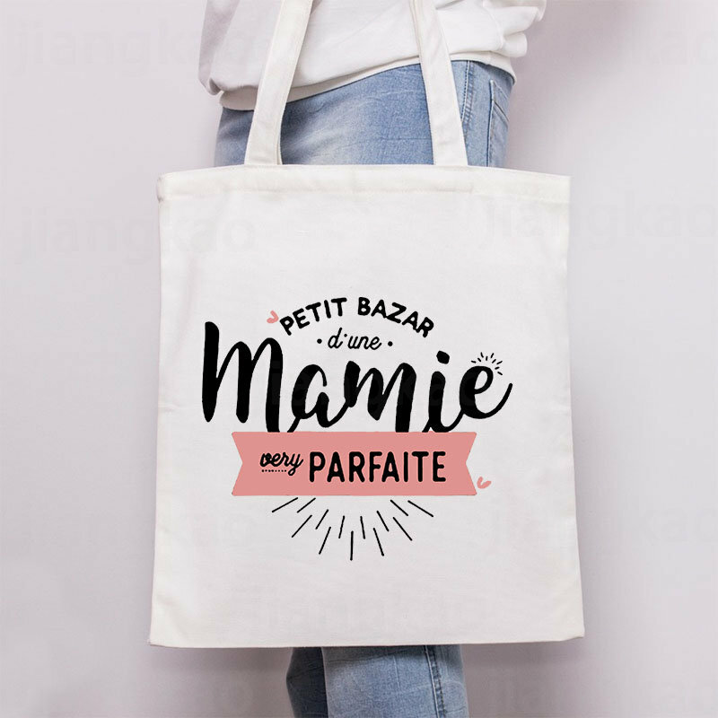 French Mamie Print Canvas Shoulder Bags Female Shopping Totes Women Travel Handbags Eco Reusable Storage Pouch Gifts for Grandma
