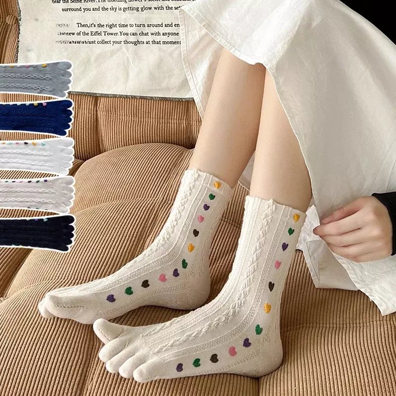 DSMTRC-جوارب قطنية للنساء ، خمسة جوارب للأصابع ، جوارب دائرية قابلة للتنفس ، جديلة قلب ملونة ، أنبوب متوسط ، ملابس شارع الربيع والخريف