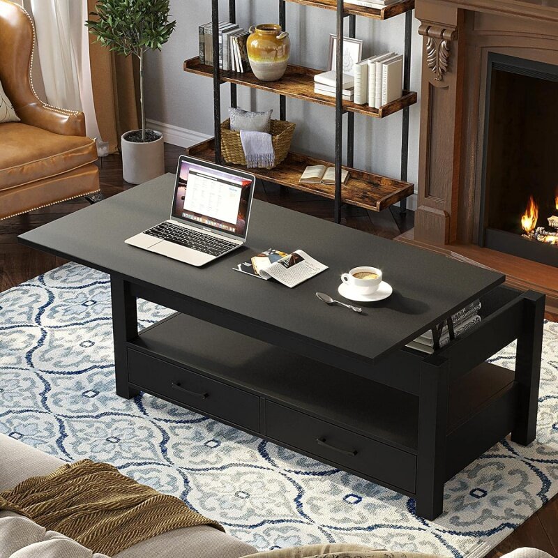 رولانستار-طاولة قهوة خشبية مركزية عتيقة ، أعلى الرفع مع أدراج ومقصورة مخفية ، 47 بوصة