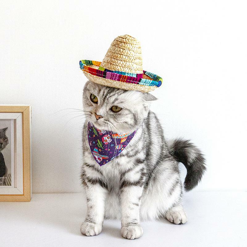 قبعة كلب سومبريرو قبعة كلب صغيرة مصنوعة يدويا من الأقمشة الطبيعية والقش قبعة حفلات المكسيكي للأطفال حفلة عيد ميلاد كرنفال جزء
