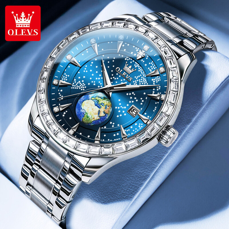 ساعة أوليف-ساعة فولاذية كاملة للرجال ، كوكب أزرق ، ساعة يد كوارتز أرضية مبتكرة ، ساعة رياضية ، موضة