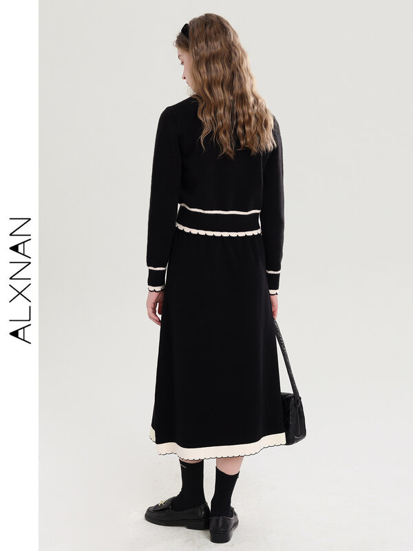 معطف ALXNAN-Black Tweed للنساء ، سترات عتيقة ، تنورة أنيقة متوسطة ، بدلة من قطعتين ، ملابس خارجية قصيرة غير رسمية ، تباع منفصلة ، T00916