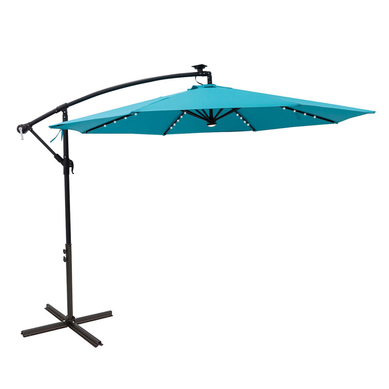 10 قدم إزاحة ناتئ مظلة فناء في الهواء الطلق مع مصابيح ليد بالطاقة الشمسيّة مع قائم بقاعدة متقاطعة