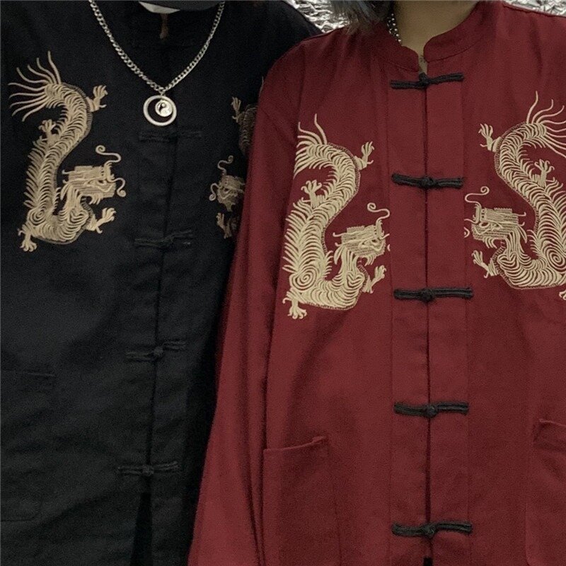 بلوزات هاراجوكو من QWEEK للسيدات قميص تنين على الطراز الصيني سترة مطرزة بأكمام طويلة موضة 2021 ملابس شارع أنيقة