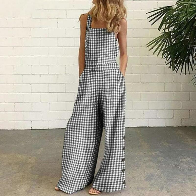 Vintage Checked Plaid Suspenders Playsuits Women Jumpsuits 2022 Summer Wide Leg Full Length Sexy Sleeveless Long Romper Overalls