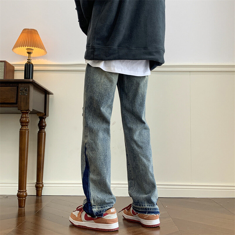 موضة ماركة الجينز الرجال هونغ كونغ نمط INS عادية واسعة الساق السراويل فضفاضة مثقب وسيم تنوعا مستقيم الساق السراويل