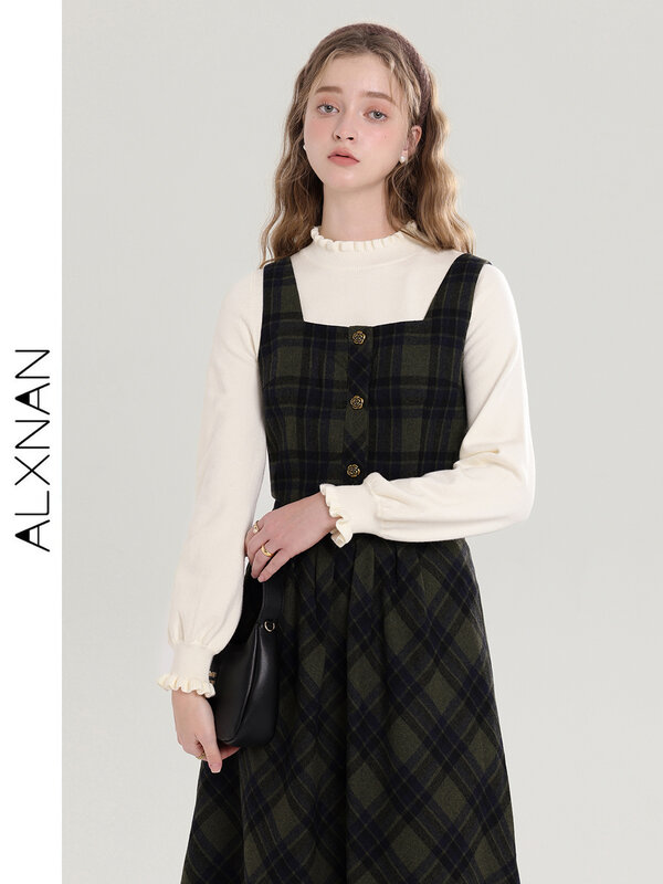 ALXNAN-بلوفر نسائي كاجوال منقوش ، قميص بأكمام طويلة ، صدرية بصف واحد ، تنورة منقوشة بحزام ، بدلة من 3 قطع ، تباع منفصلة ، T00918